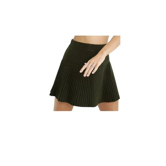Aerie Ribbed Pleated Mini Skirt S Green Knit Stretch Wool Blend Preppy Academia - Picture 1 of 7